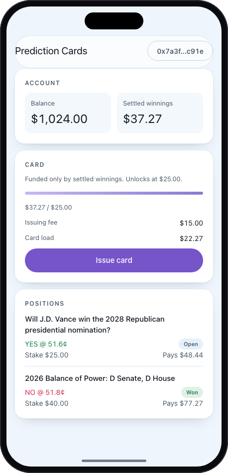 The PayOff account screen, showing balance, settled winnings, card progress, and open positions.